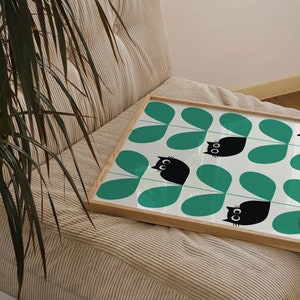 Green Mid Century Modern Black Cat Art Print with Bauhaus Pattern, Scandinavian Cat Lover Gift, Minimalistic Cat Poster in Various Sizes