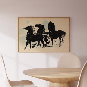 Abstract Inked Black Horses on Watercolour Background Timeless Art Print for Modern Home Decor, Thoughtful Gift Idea for Horse Enthusiast image 2