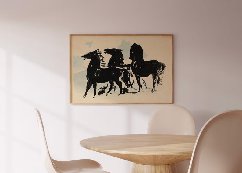 Abstract Inked Black Horses on Watercolour Background Timeless Art Print for Modern Home Decor, Thoughtful Gift Idea for Horse Enthusiast image 2