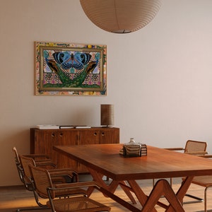 May include: A wooden dining table with a unique A-frame base and four chairs. The table is set with a glass bottle and books. A framed artwork with a colorful butterfly design hangs on the wall behind the table.