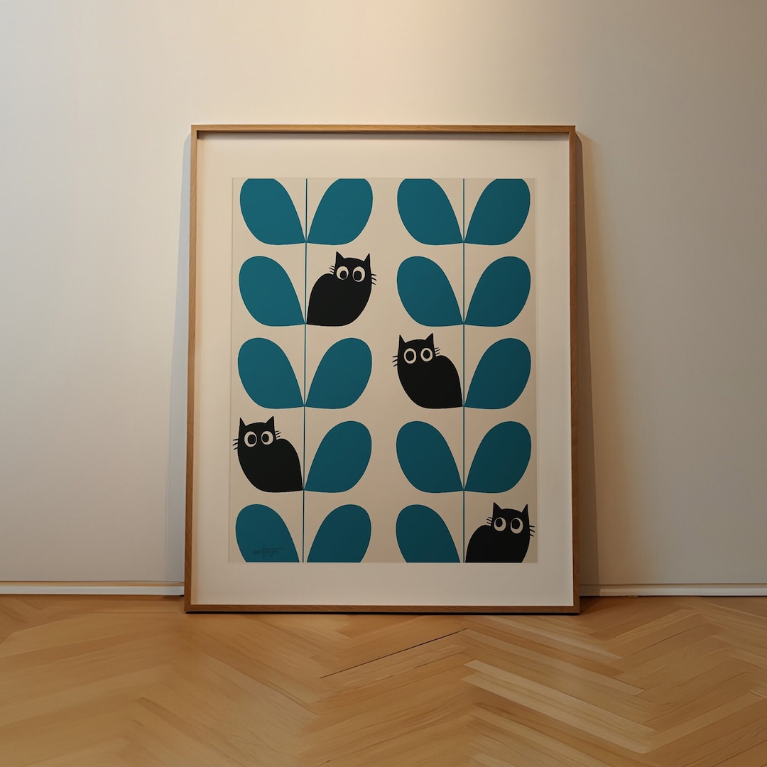Blue Mid Century Modern Black Cat Art Print With Bauhaus Pattern ...