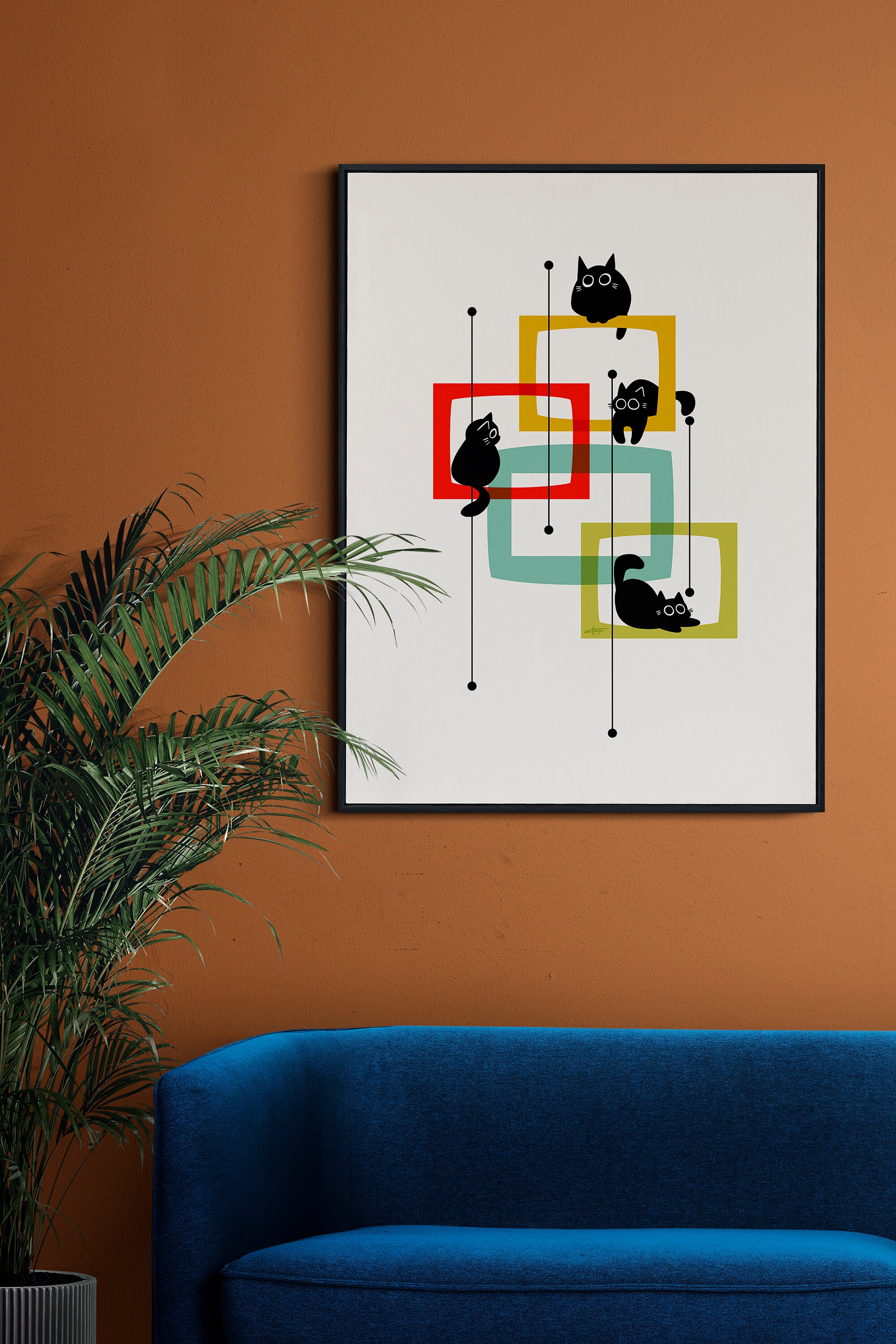 Geometric Retro Black Cat Wall Art Print, Mid Century Modern Design for ...