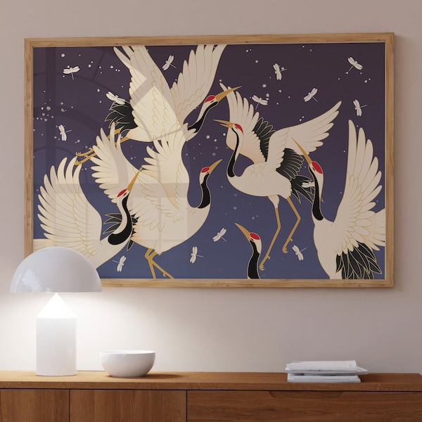 Japanese Crane Birds Taking Flight with Fireflies in a Night Sky, Maximalist Hollywood Regency Wall Art Print