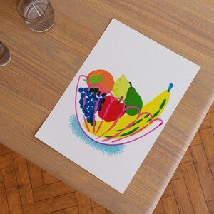 Illustration Fruit Bowl in Risograph Style Fresh and Colorful Art Print for a Retro Kitchen or Dining Room Vibe, Bright Fun Decor image 2