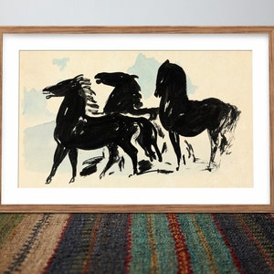 Abstract Inked Black Horses on Watercolour Background Timeless Art Print for Modern Home Decor, Thoughtful Gift Idea for Horse Enthusiast image 3