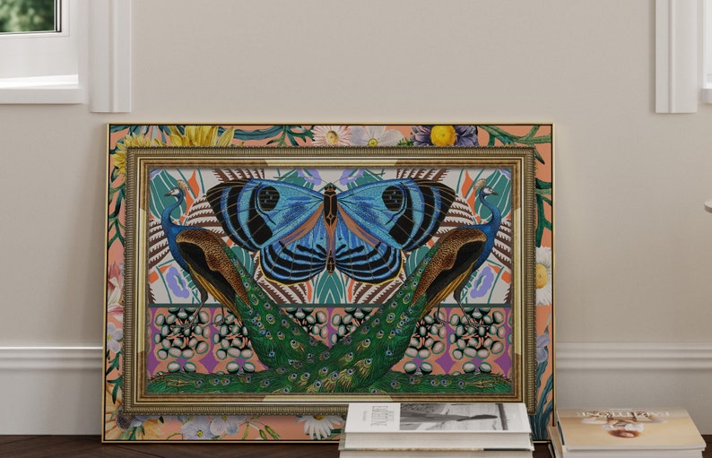 May include: A framed print with a colorful design featuring two peacocks with their tails spread out, a large blue butterfly, and a floral border.