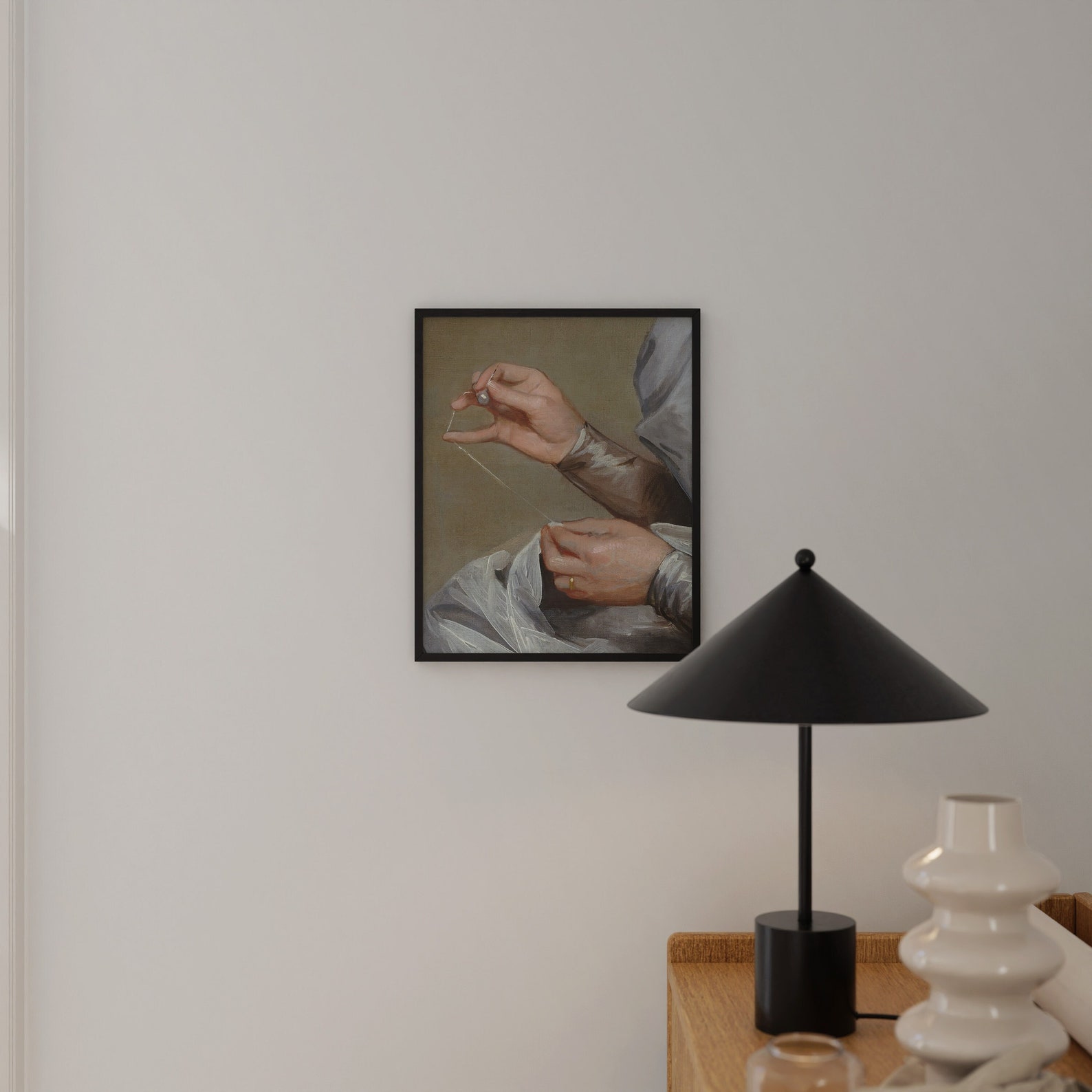 Detail of Woman Sewing - Renaissance Vintage Victorian Era Painting for Gallery Wall