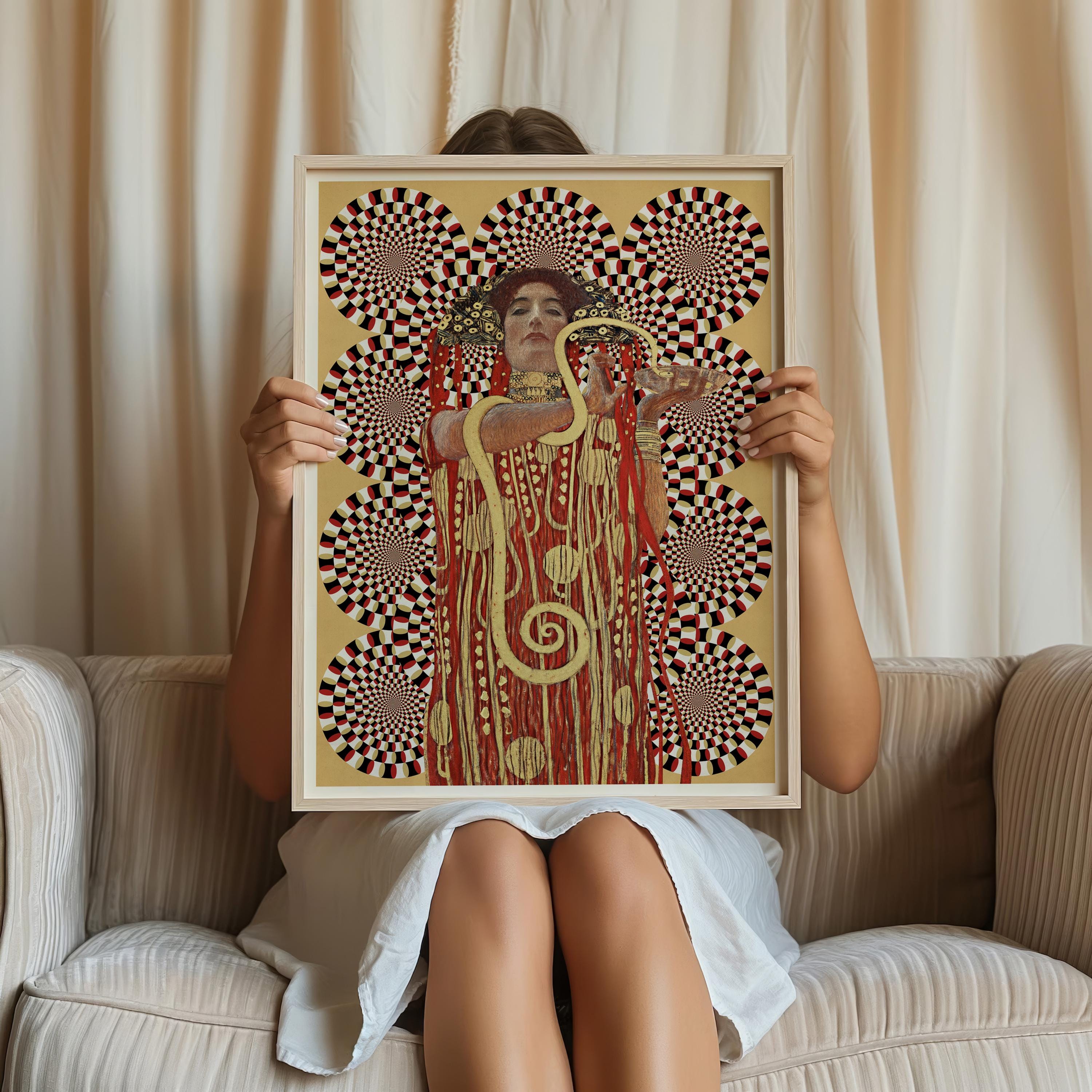 Gustav Klimt's Hygieia Holding Snake With Hypnotic Background