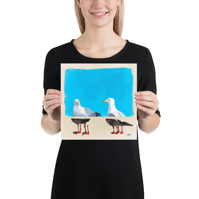 Contemporary Seagull Portrait in Realistic and Abstract Art Styles with Blue Color Background, Statement Art Print or Gallery Wall Art 10x10 inches