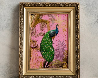 Impresión artística de pared maximalista de estilo Hollywood Regency con pavo real vintage y helechos dorados sobre lunares rojos y fondo rosa.