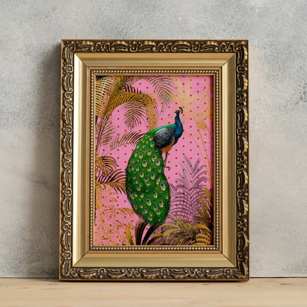 Vintage Pfau mit goldenen Farnen auf rotem Polka Dot und rosa Hintergrund, maximalistischer Hollywood Regency Wandkunstdruck