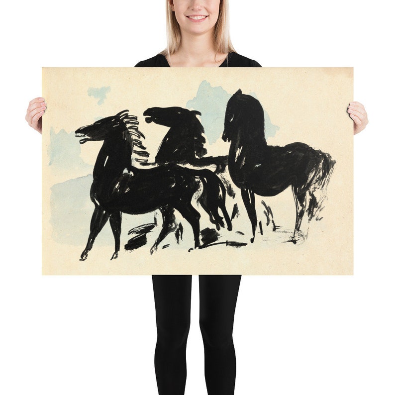 Abstract Inked Black Horses on Watercolour Background Timeless Art Print for Modern Home Decor, Thoughtful Gift Idea for Horse Enthusiast 24x36 inches