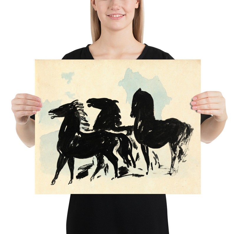Abstract Inked Black Horses on Watercolour Background Timeless Art Print for Modern Home Decor, Thoughtful Gift Idea for Horse Enthusiast 16x20 inches