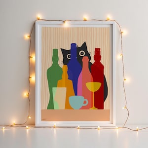 Colorful Cat & Bottles Art Print – Mid-Century Modern Kitchen Wall Decor, Playful Retro Style for Bar, Dining Room or Cat Lover Gift