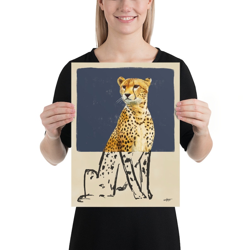 Contemporary Cheetah Drawing in Realistic and Abstract Art Styles with Charcoal Blue Background, Statement Art Print or Gallery Wall Art 12x16 inches