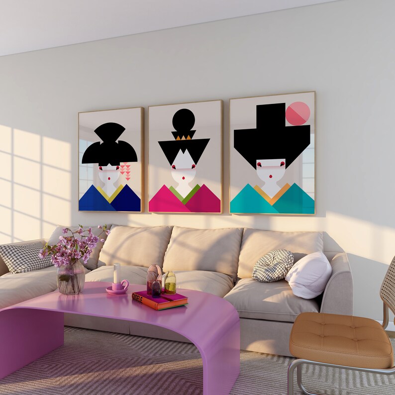 Set of 3 Bauhaus Japanese Geisha Girls Art Print Mid Century Modern Minimalistic Decor, Available in Multiple Sizes image 5