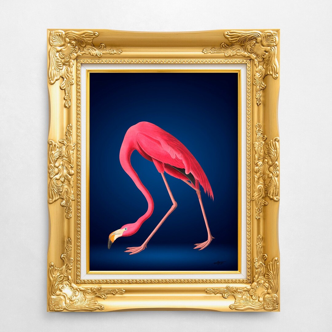 Maximalist Bright Pink Flamingo Wall Art in Navy Blue and Pink, Large