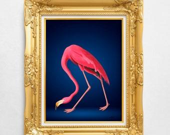 Maximalist Bright Pink Flamingo Wall Art in Navy Blue and Pink, Large Poster for Bold, Playful Pink and Blue Decor, Perfect for Gallery wall