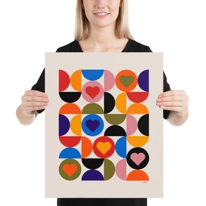 Cartel de corazones de Bauhaus, decoración de sala de estar escandinava moderna de mediados de siglo, impresión de arte abstracto en varios colores 16x20 pulgadas