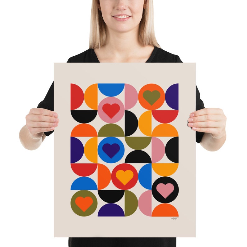 Cartel de corazones de Bauhaus, decoración de sala de estar escandinava moderna de mediados de siglo, impresión de arte abstracto en varios colores 16x20 pulgadas
