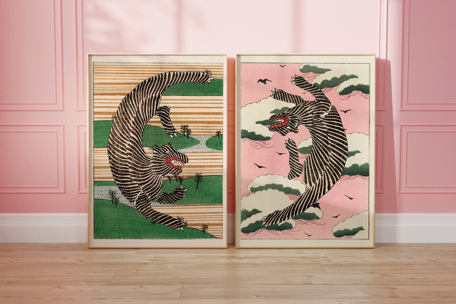 Set of 2 Vintage Japanese Tiger Illustration Prints by Taguchi Tomoki on Traditional Japanese Landscapes - Unique Maximalist Decor Wall Art - 12x16 inches