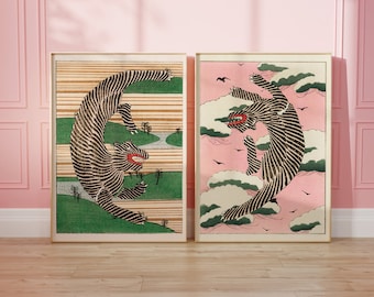 Set of 2 Vintage Japanese Tiger Illustration Prints by Taguchi Tomoki on Traditional Japanese Landscapes - Unique Maximalist Decor Wall Art