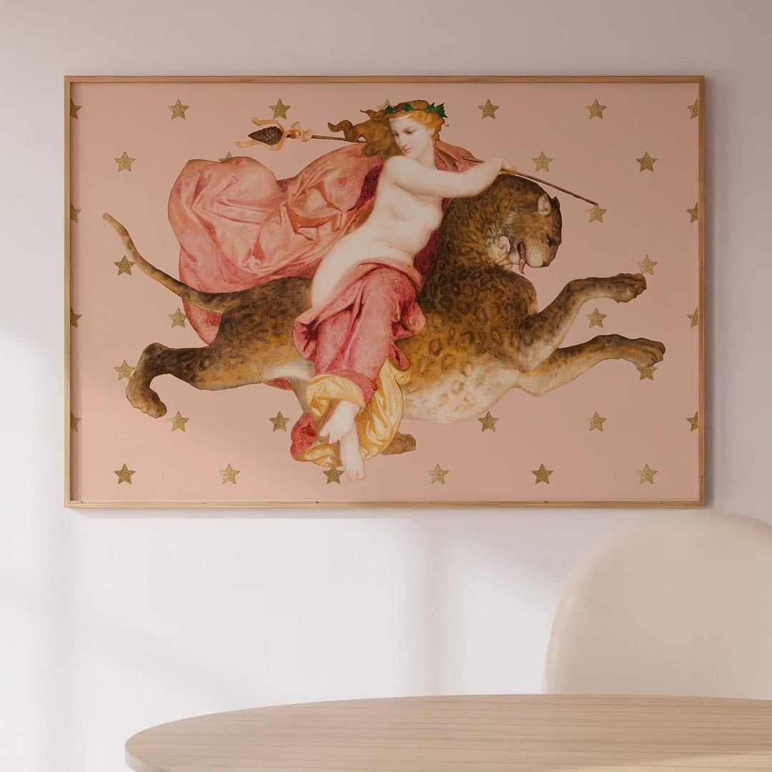 Romantic Victorian Woman Riding Leopard – Dreamy Pink Wall Art With ...