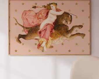 Dreamy Altered Victorian Woman Riding Leopard Cat and Gold Stars - Modern Hollywood Glamour, Romantic Vintage Pastel Pink Girlie Aesthetic