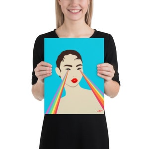 She See's Rainbows A Colorful Modern Pop Art Style Decor Statement or Quirky Indie Gallery Wall Piece of Woman with Rainbow Burst Eyes 11x14 inches