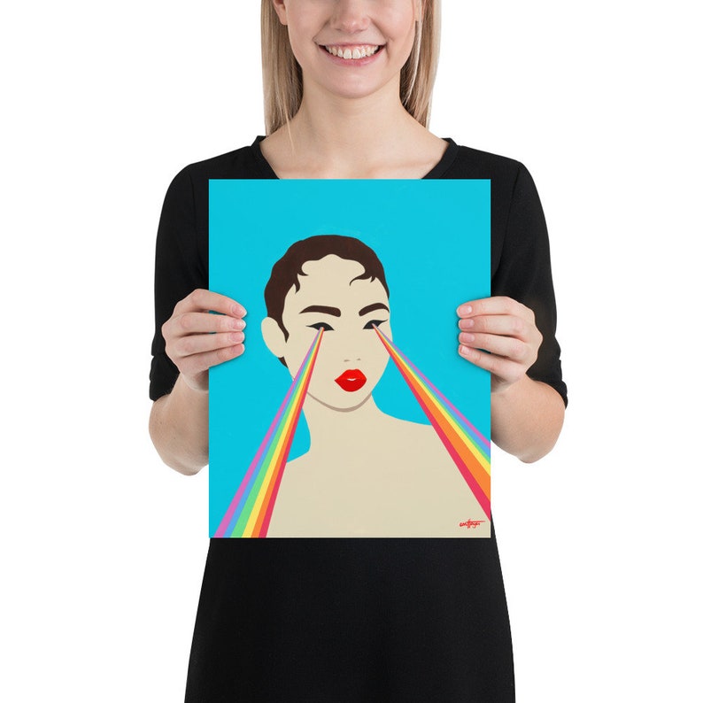 She See's Rainbows A Colorful Modern Pop Art Style Decor Statement or Quirky Indie Gallery Wall Piece of Woman with Rainbow Burst Eyes 11x14 inches