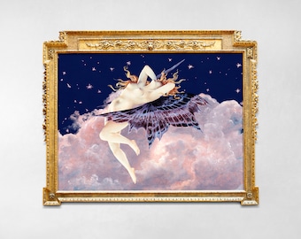 Henri Gray's Pétrole Stella - Vintage Woman Angel with Butterfly Wings Flying in the Clouds, Altered Luxury Vintage Artwork for Home Decor