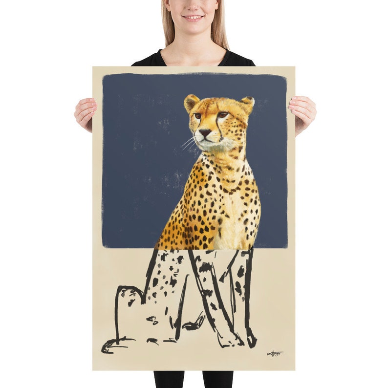 Contemporary Cheetah Drawing in Realistic and Abstract Art Styles with Charcoal Blue Background, Statement Art Print or Gallery Wall Art 24x36 inches