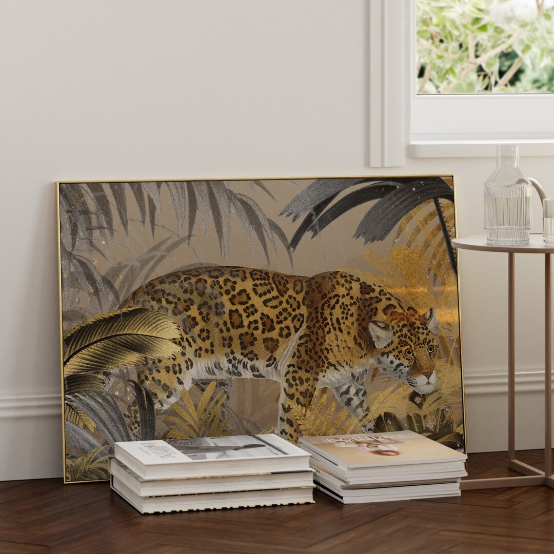 Vintage Leopard【38-kT THE RICH】HAKUオリジナル Vintage Leopard Wall Art With Gold Ferns – Art Nouveau Jungle