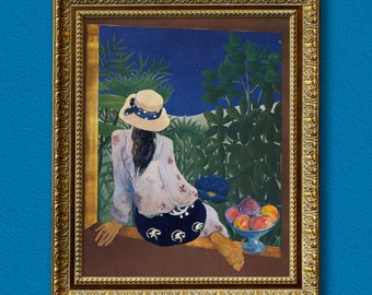 Vrouw zittend op de vensterbank starend naar exotische jungletuin - geremixte vintage kunstwerken, uniek gewaagd Boho-decor, opvallende maximalistische print