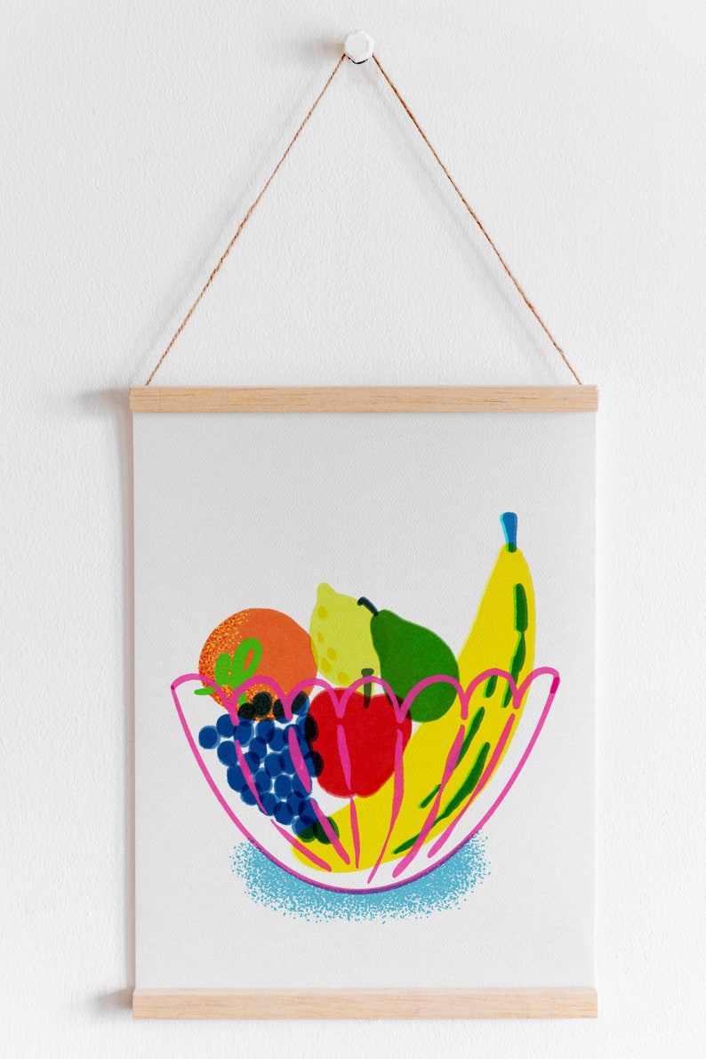 Illustration Fruit Bowl in Risograph Style Fresh and Colorful Art Print for a Retro Kitchen or Dining Room Vibe, Bright Fun Decor image 5