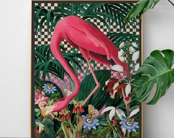 Vintage Pink Flamingo in Lush Tropical Jungle on Checkered Background : Glamorous Maximalist Hollywood Regency Wall Art Print