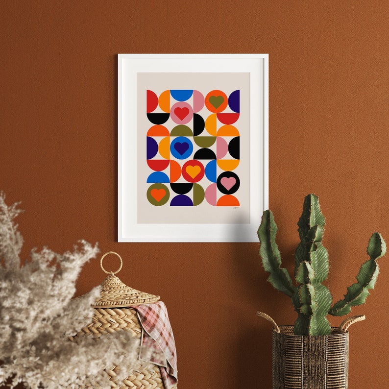 Cartel de corazones de Bauhaus, decoración de sala de estar escandinava moderna de mediados de siglo, impresión de arte abstracto en varios colores imagen 1