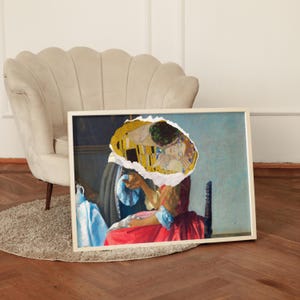Lámina artística alterada vintage «El beso». Una remezcla de retrato renacentista para una decoración ecléctica y maximalista del hogar de la Regencia de Hollywood. imagen 3