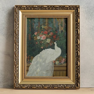 May include: A framed painting featuring a white peacock with its tail feathers displayed. The artwork is set against a backdrop of flowers and foliage, framed in a gold ornate frame. The painting has a vintage aesthetic.