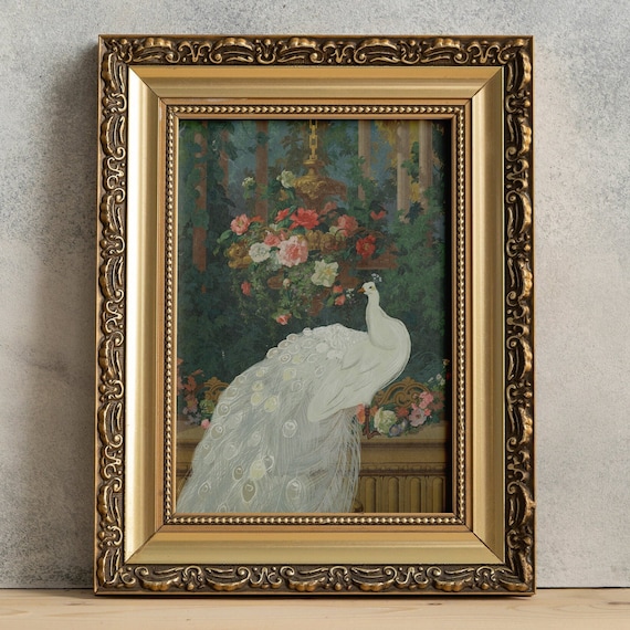 White Peacock Wall Art – Vintage Floral Conservatory Print, Romantic Garden Decor, Maximalist Hollywood Regency Style