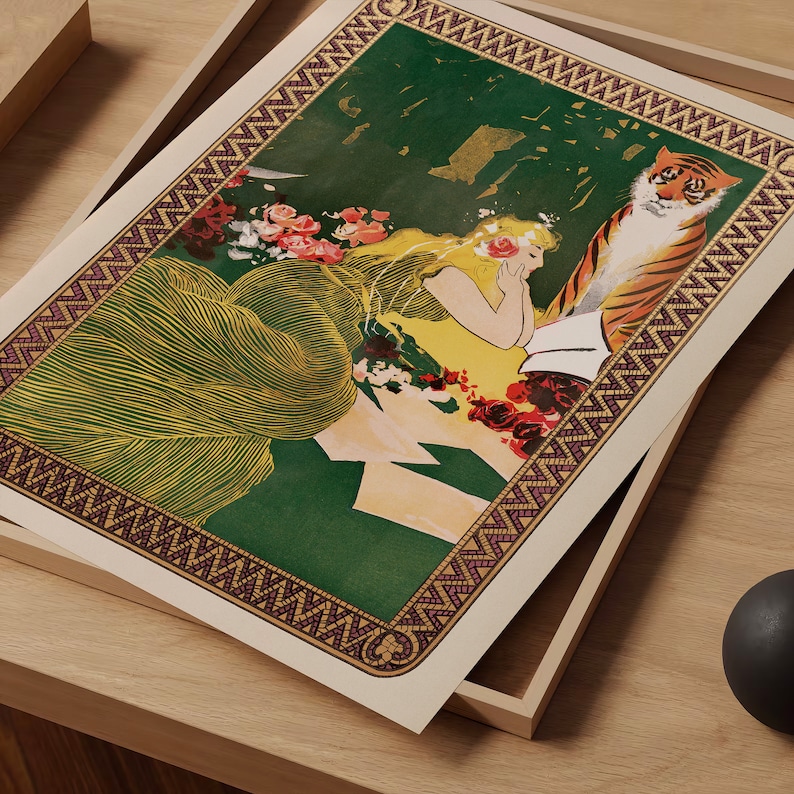 May include: A vintage art print featuring a woman in a flowing green dress with a tiger beside her. The print has a decorative border with a mosaic pattern.