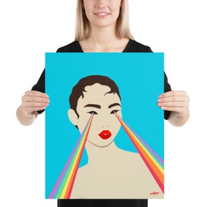 She See's Rainbows A Colorful Modern Pop Art Style Decor Statement or Quirky Indie Gallery Wall Piece of Woman with Rainbow Burst Eyes 16x20 inches
