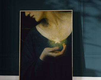 Dark Victorian Woman Holding Gold Star - Dark Aesthetic Decor, Baroque Wall Art, Renaissance Vintage Victorian Era Painting for Galley Wall