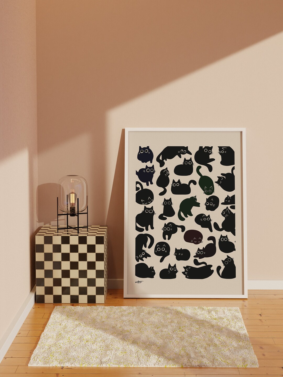Adorable Boho Black Cat Art Print - Minimalist and Chic Hand Drawn ...