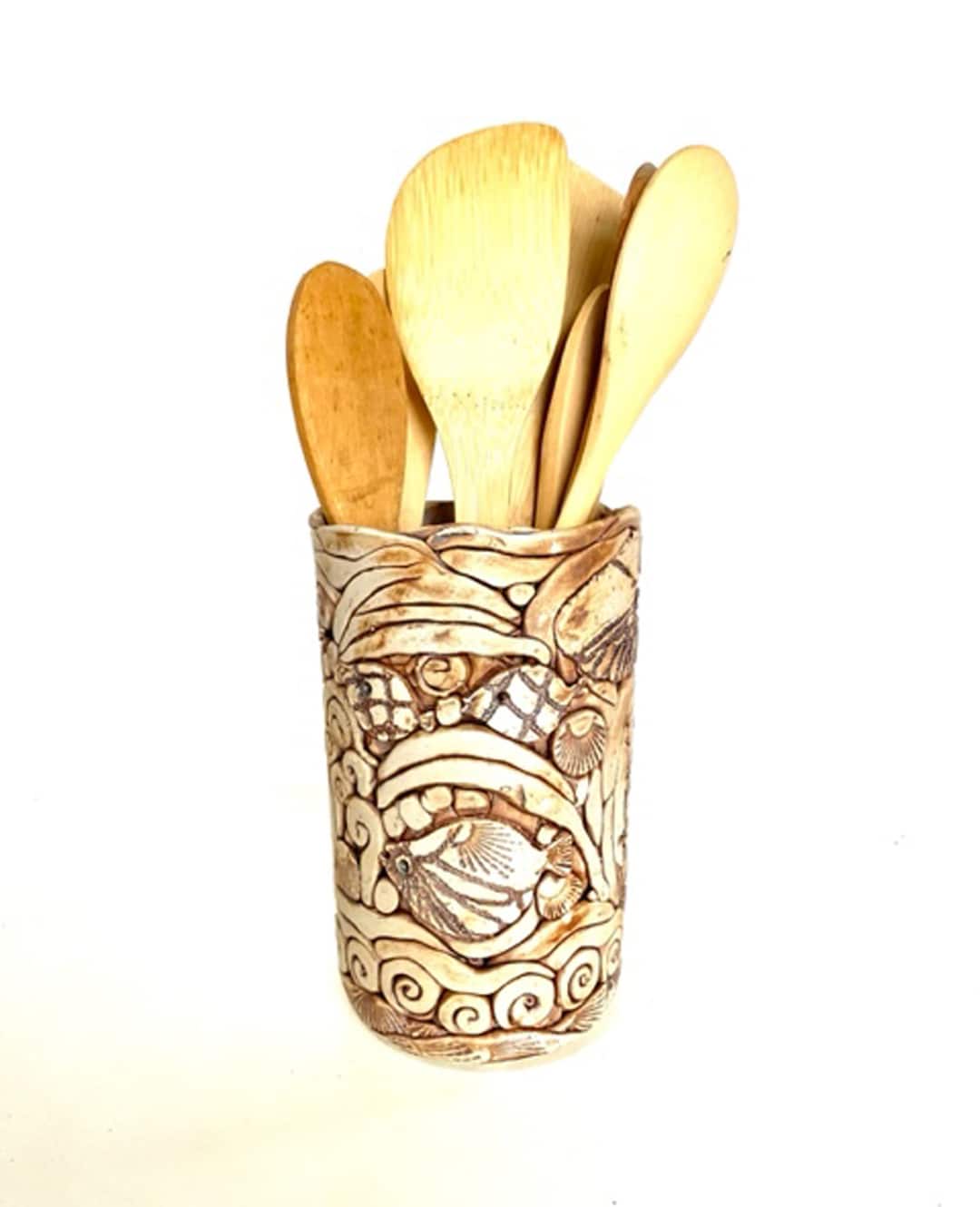 Utensil Holder Handmade Stoneware One of A Kind 4 in Diameter X 7 in