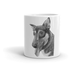 Taza blanca brillante originalmente dibujada raza de perro kelpie australiano