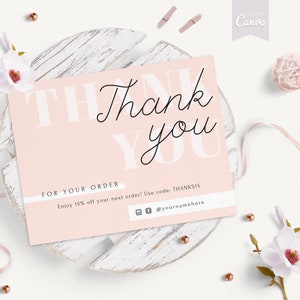 Dankeschön-Karte Canva-Vorlage, druckbar, Blush Pink, bearbeitbare Geschäfts-Dankeschön-Karte, Verpackung einfügen Hinweis, Small Business.