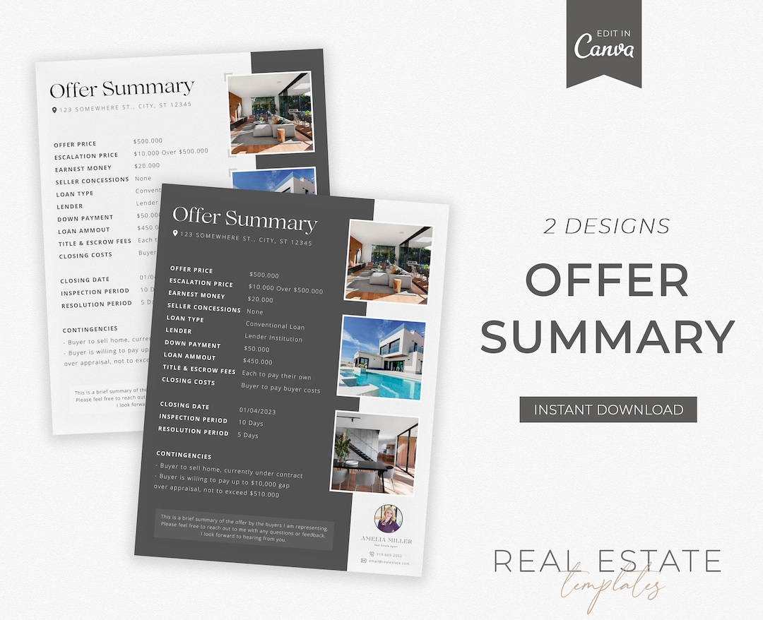 Offer Summary Sheet, Canva Template, Real Estate Cover Sheet, Real ...