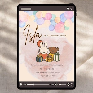 Editable Miffy Retro Party Invitation |  Canva Template for Kids Birthday, Baby Shower & Events