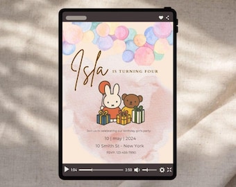 Editable Miffy Retro Party Invitation |  Canva Template for Kids Birthday, Baby Shower & Events